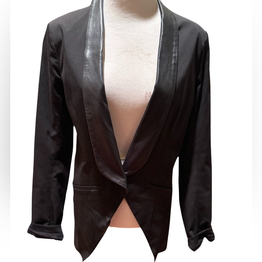 Mason Black Long Tuxedo Blazer with leather collar.  Size 6